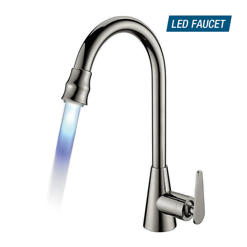 Sgle Hdle Sink LED Faucet Brass Body 14-3/16¨ High Spout - Satin Finish